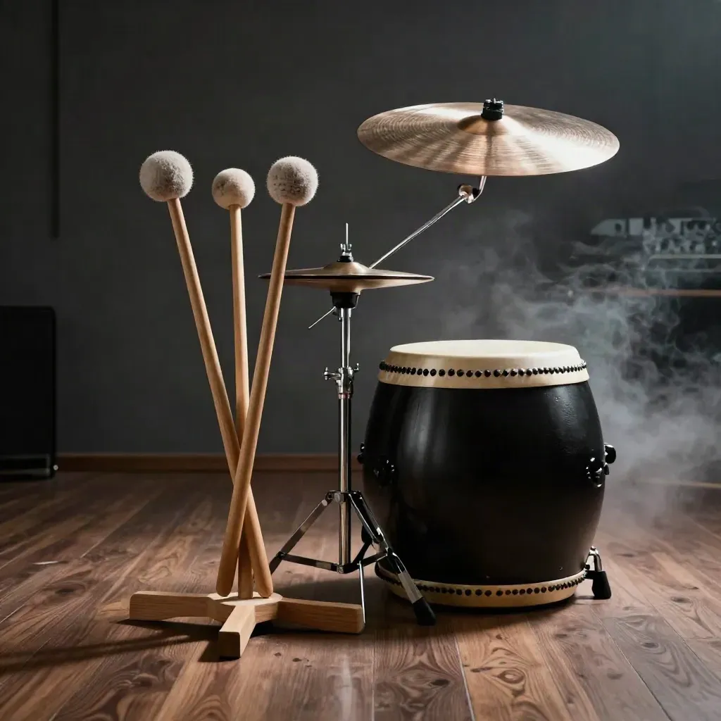 Floor-level percussion rig with cymbal stack, taiko mallets, sub-bass cabinet and metal hit plate in smoke haze.