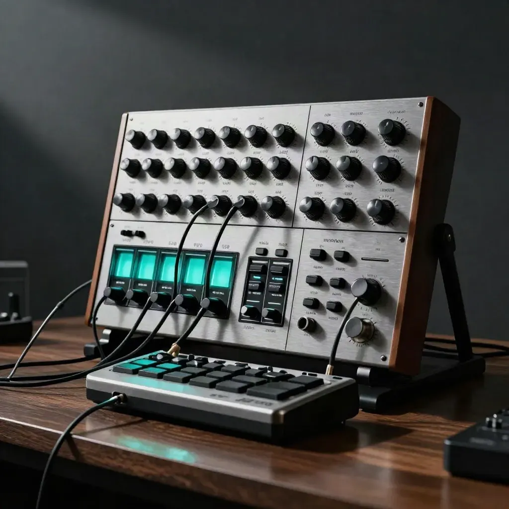 Modular synth wall with glowing oscillator and drum machine in low, moody light