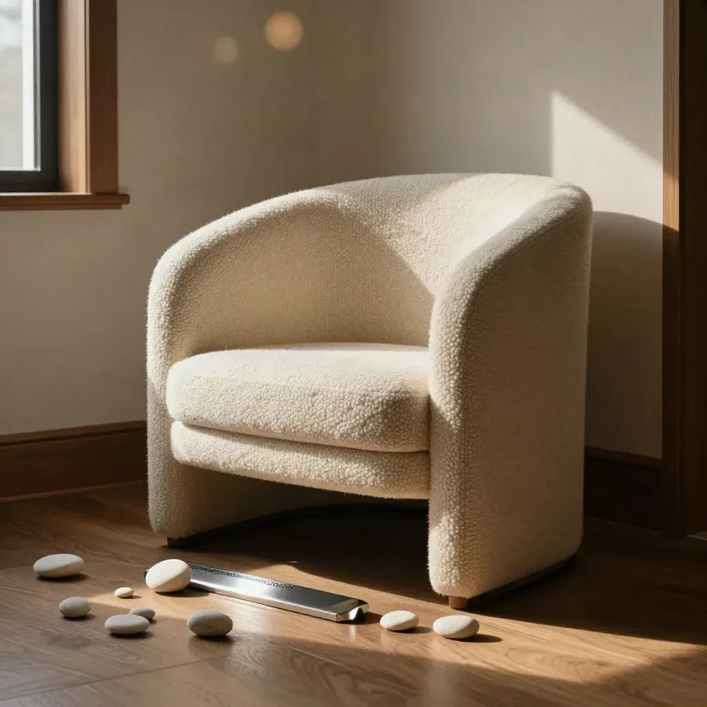 Wool chair, hidden speaker, and acoustic stones in a calm listening nook.
