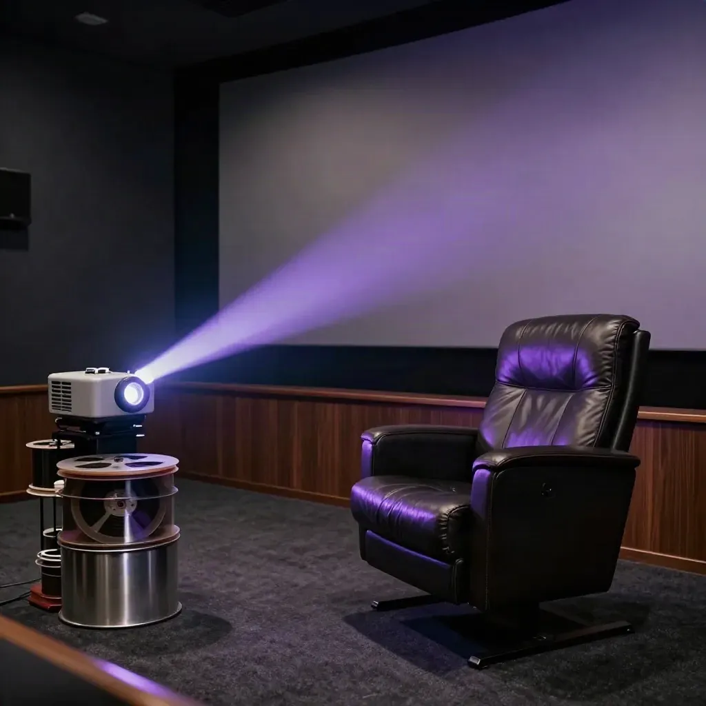 Empty screening room with projector beam, master reels, and a dark leather chair