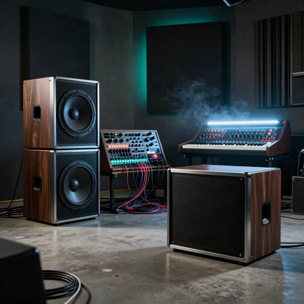 Low-angle sound booth with subwoofers, modular synth, and glowing transport light in teal haze