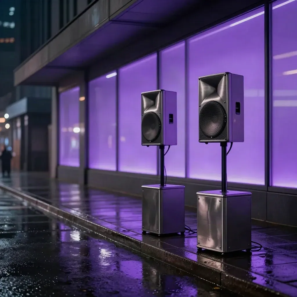 Night corridor with paired speakers, glowing panels, and a delivery case on wet pavement.