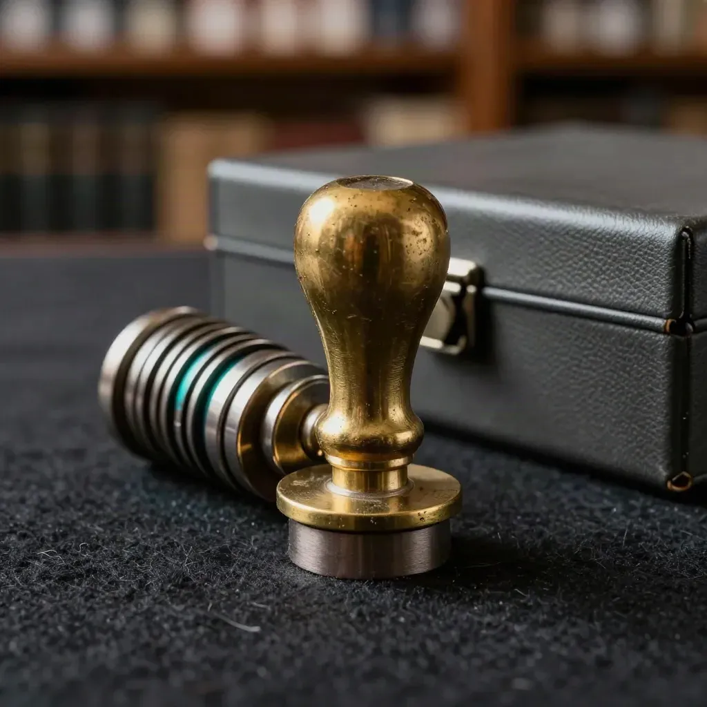 Brass library stamp, unmarked metal tags, and cue archive box on dark felt under raking light.