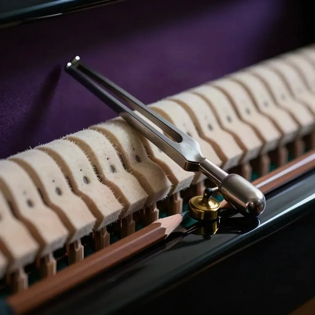 Composer tools on black lacquer: tuning fork, hammer felt, metronome weight, walnut pencil stub.