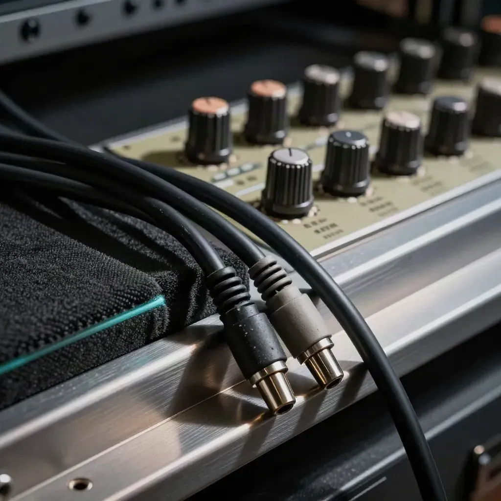 Macro of braided patch cables and compressor knobs on acoustic cloth in a dark studio rack.