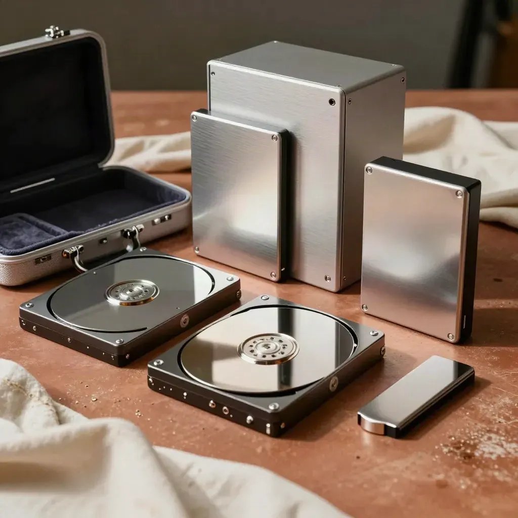 Luxury music licensing handoff: hard drives, playback puck, and satin-lined courier case on terracotta stone.