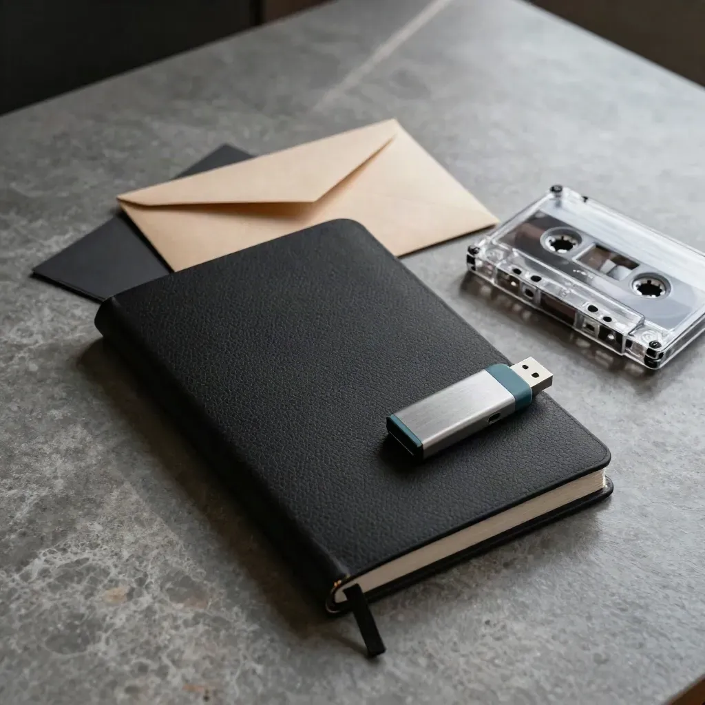 Flatlay of a black notebook, envelope, USB drive and cassette on stone, lit from the side.