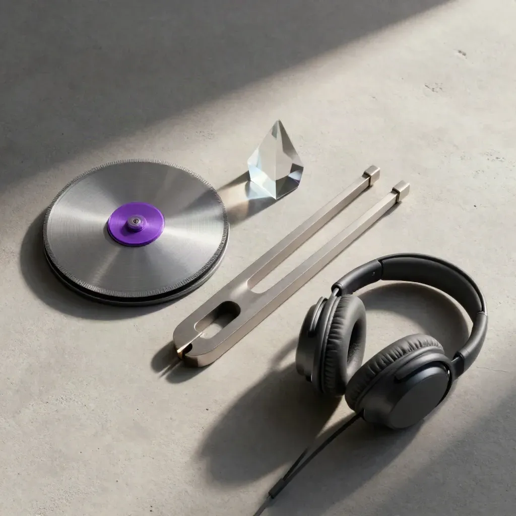 Top-down flatlay of a tone wheel, tuning fork, prism, and headphones on concrete