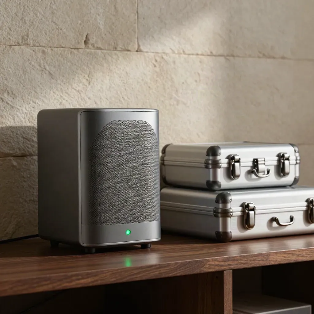 Playback speaker, green indicator lamp, and two closed audio cases on a dark shelf.