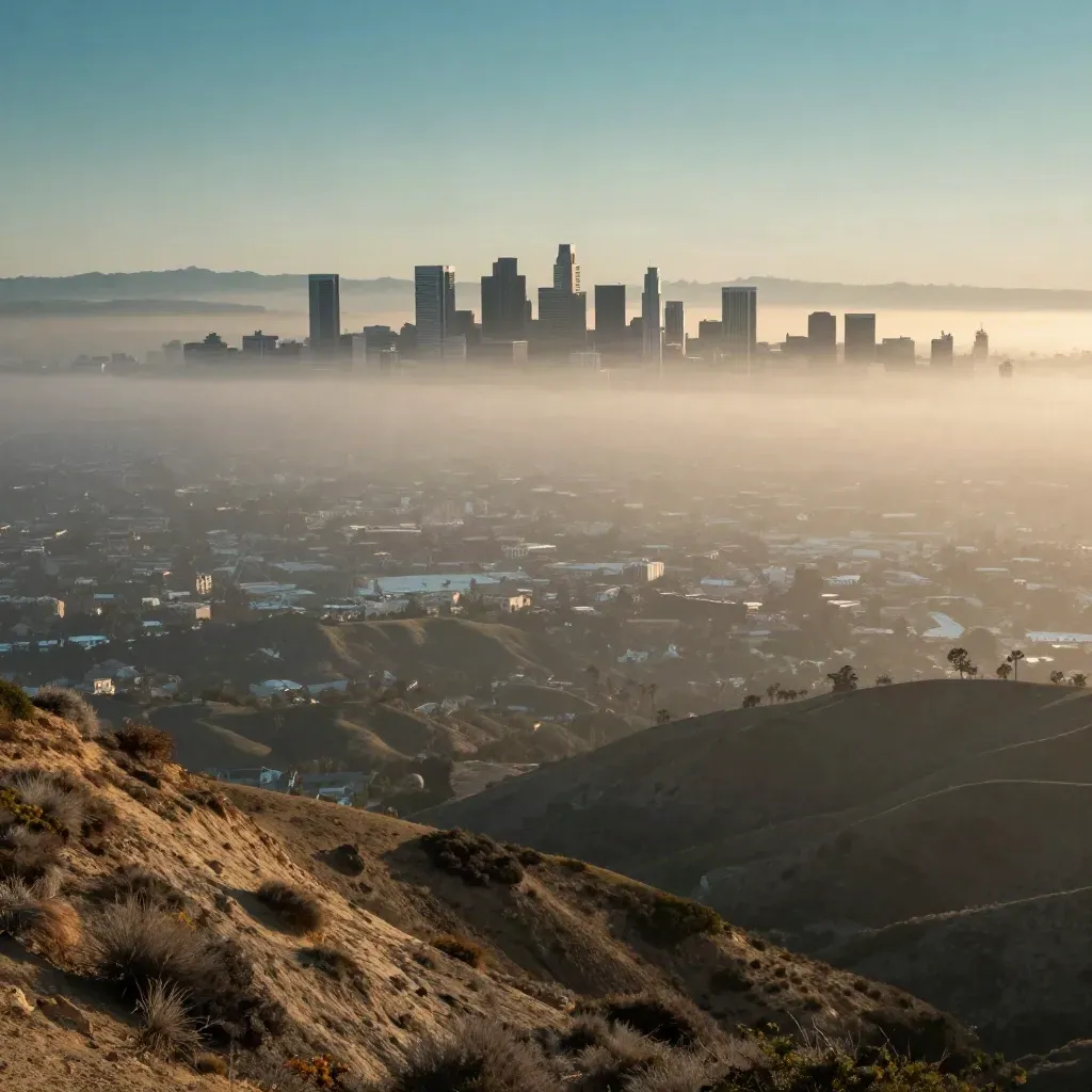Los Angeles basin under marine haze at sunrise, skyline high, calm open foreground.