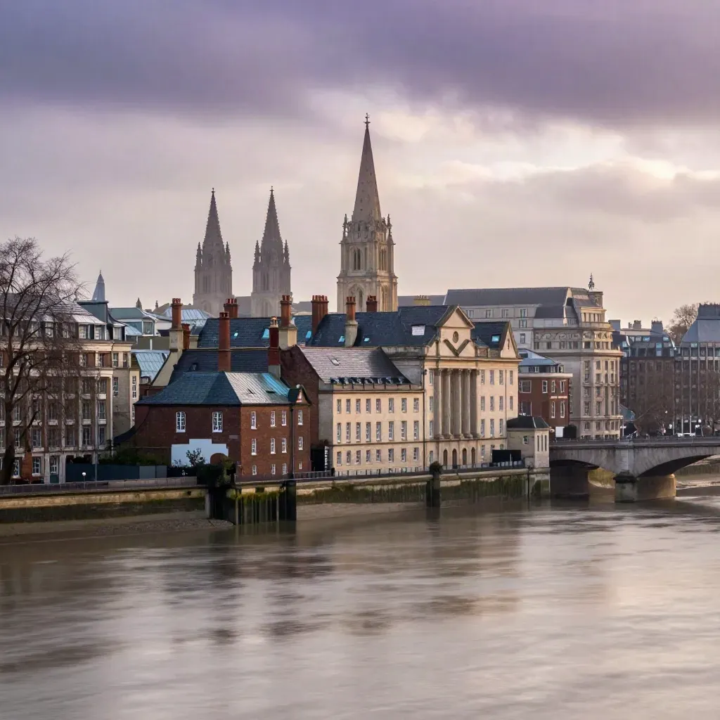 London Thames rooftops and bridges in dawn mist, with calm water below.