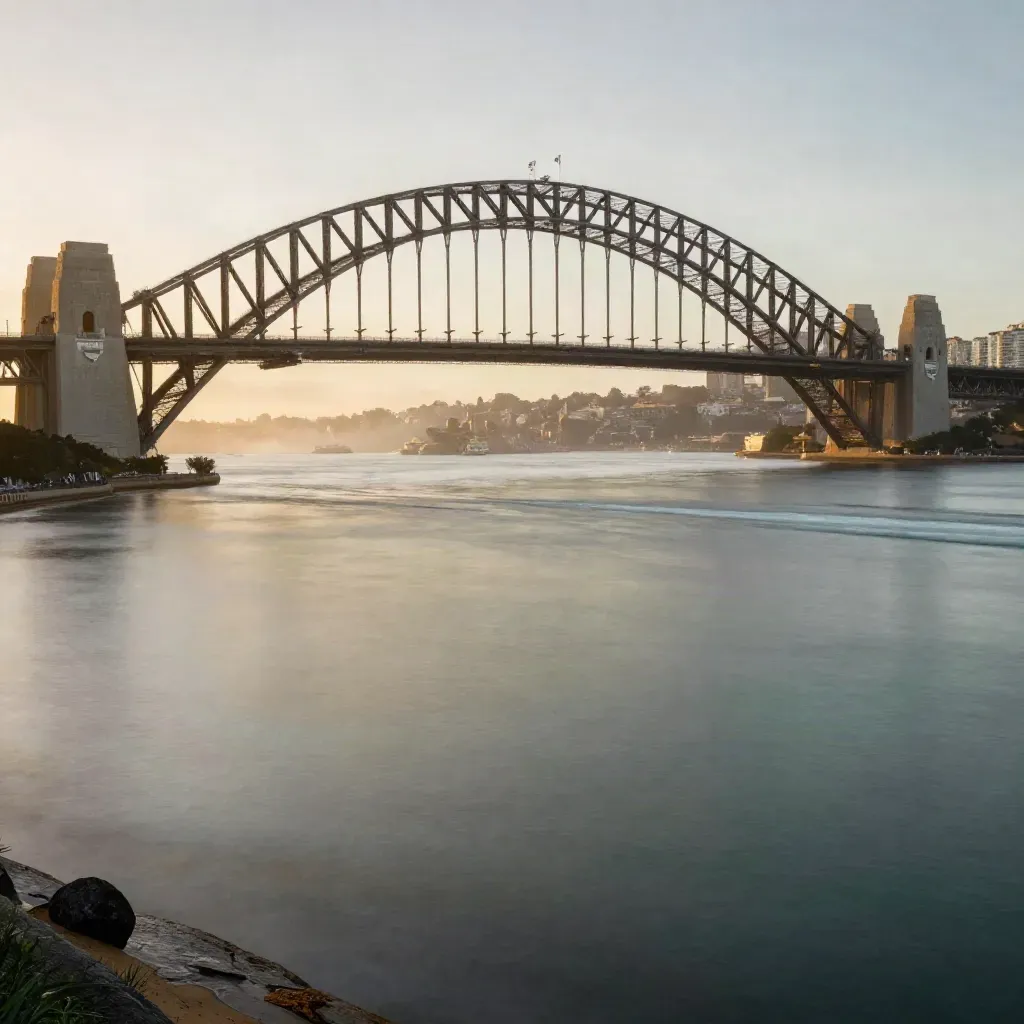 Sydney Harbour Bridge at sunrise over mirror-calm water and sea mist