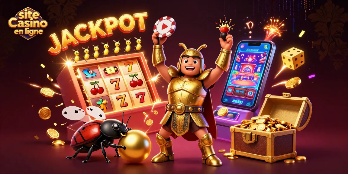 Illustration dynamique représentant un site de casino en ligne avec des personnages et des machines à sous.