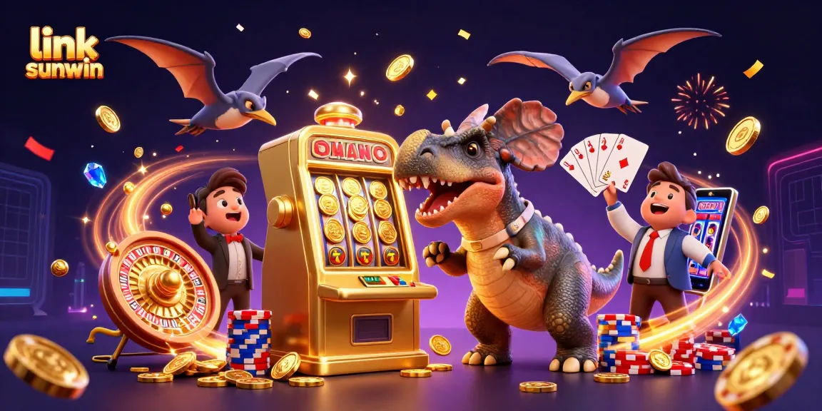 Experience the thrill at link sunwin with dinosaurs celebrating big wins and cascading coins!