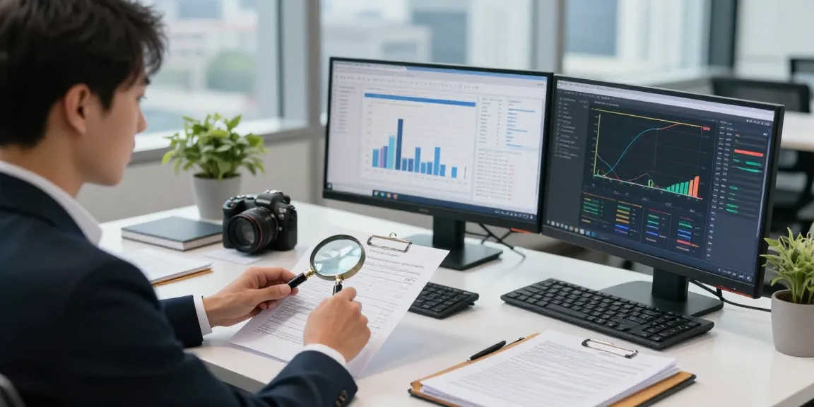Aktivitas auditor forensik di aafikotacirebon.org, memeriksa dokumen keuangan dengan cermat di kantor modern.