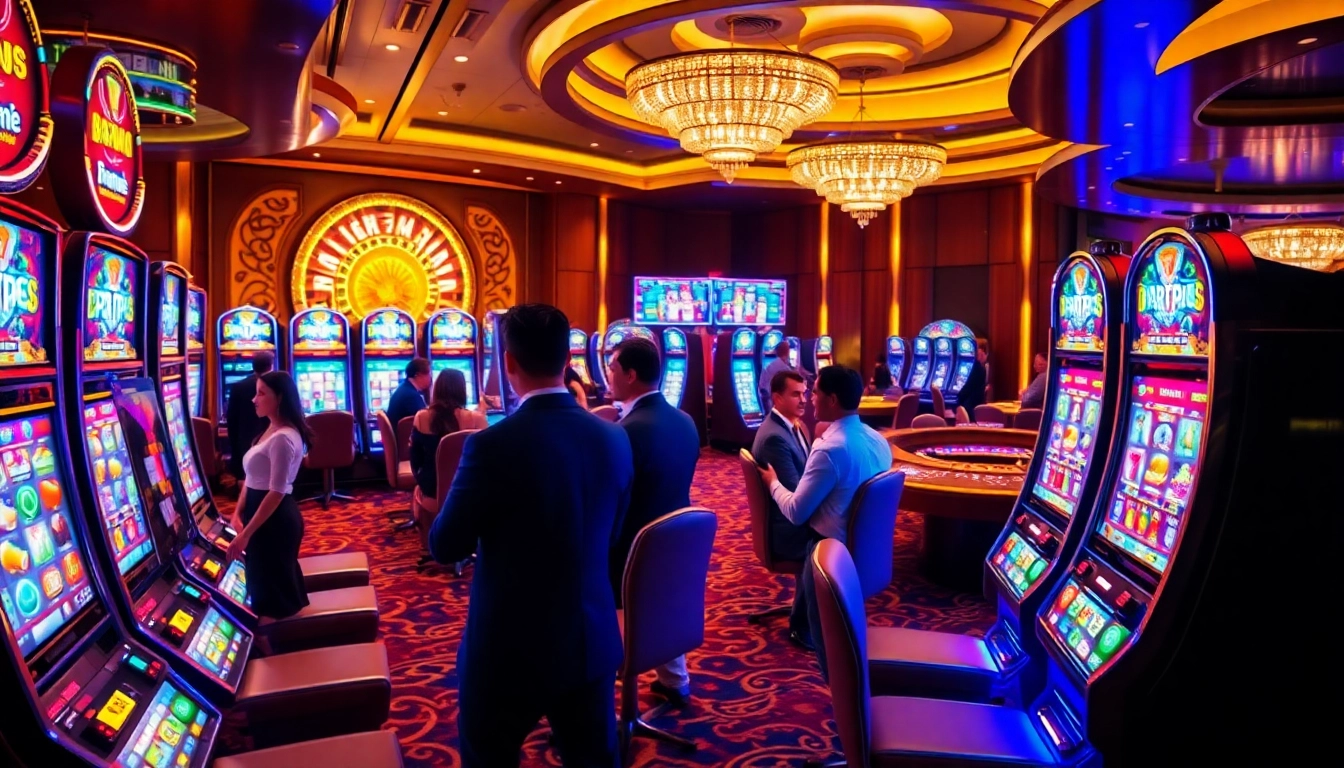 Players enjoying vibrant slot pragmatic machines at a luxurious casino venue.