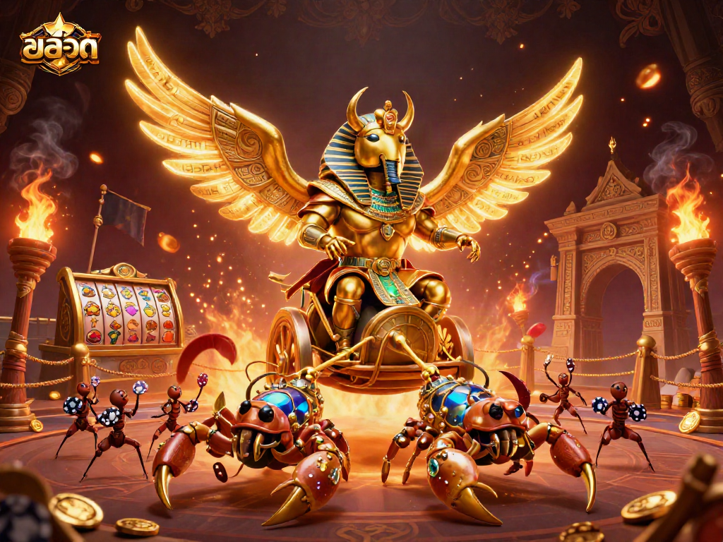 Spin the reels of สล็อต with a golden beetle and scorpions in a dynamic casino scene.