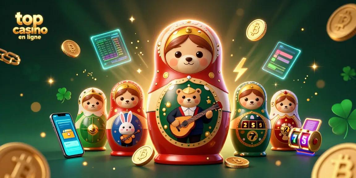 Visitez le meilleur casino en ligne avec un ours matriochka et des croupiers de casino dans une illustration 3D captivante.