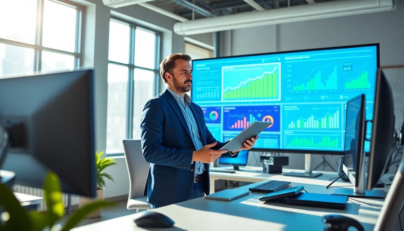 Execute Smart Marketing strategy in a modern office showcasing analytics and growth.