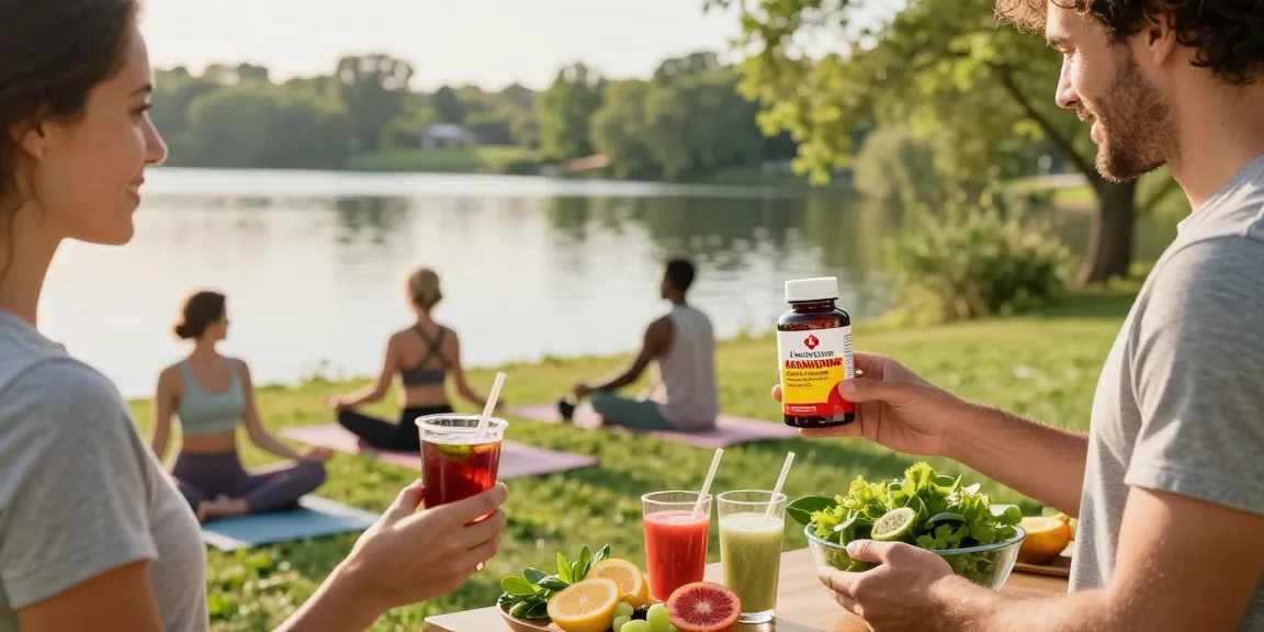Individuals showcasing the benefits of a Canadian astaxanthin brand through outdoor activities and healthy smoothies.