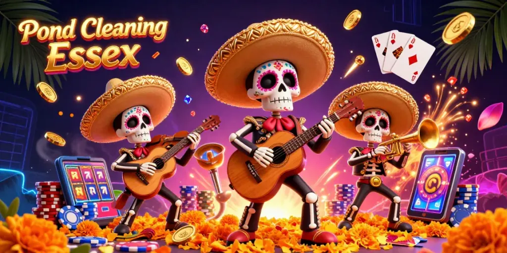 Pond Cleaning Essex reveals a vibrant scene with a mariachi band among coins and poker chips in a casino atmosphere.