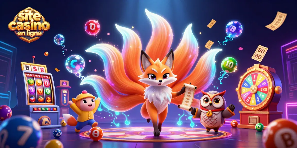 Illustration dynamique de site casino en ligne avec un renard à neuf queues et des éléments de jeux.
