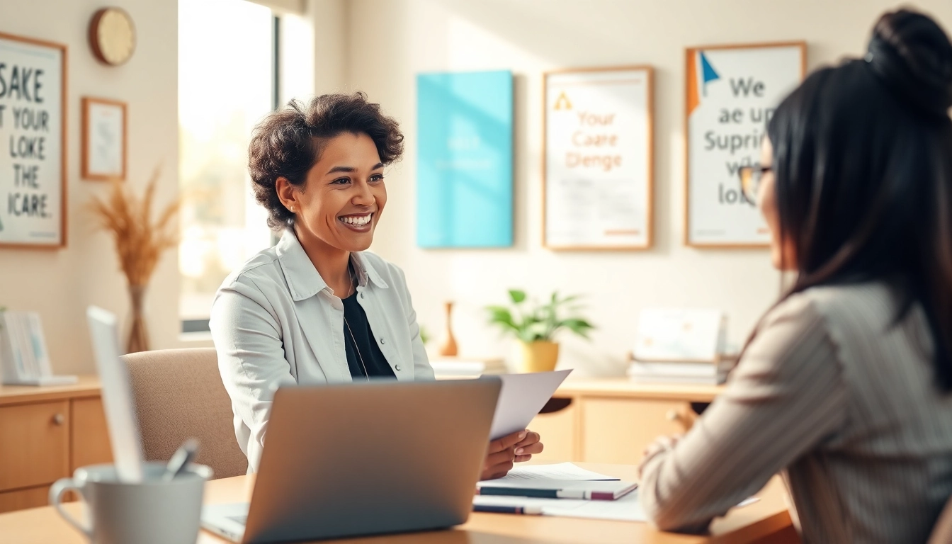 Job Help guidance session between a career counselor and a job seeker in a professional setting.