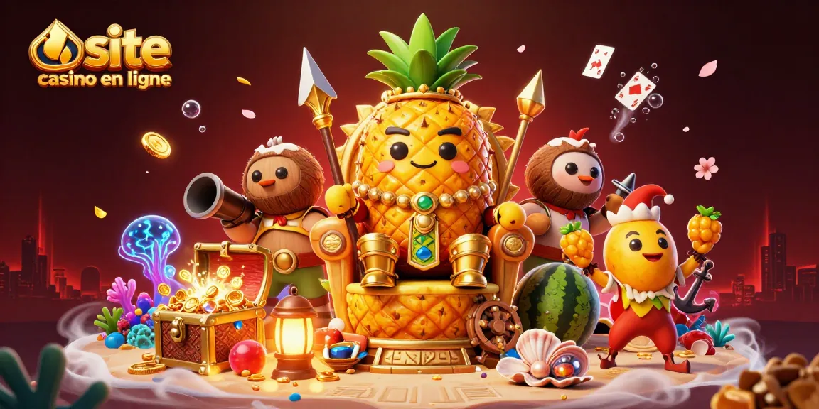 Découvrez le site de casino en ligne avec le roi ananas et ses gardes en pleine action dynamique.