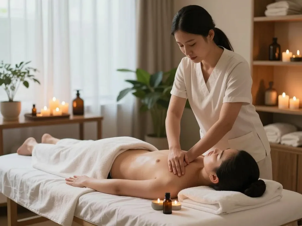 Swedish massage experience at https://www.makangs.com/ showcasing calming spa ambiance with therapist and client.
