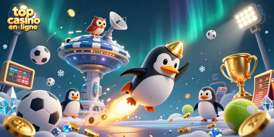 Découvrez le meilleur casino en ligne avec un pingouin doré propulsé par des fusées, entouré de jeux dynamiques.