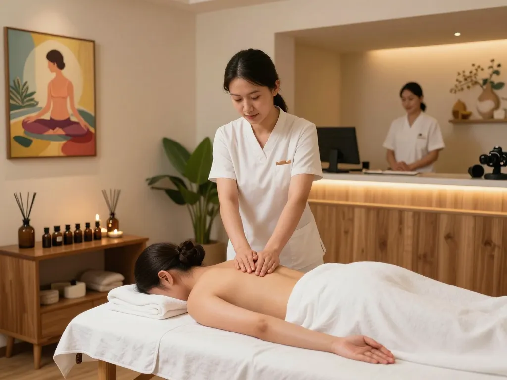 Relaxing spa massage scene showcasing 삼산동마사지 therapy with essential oils and expert care in a serene environment