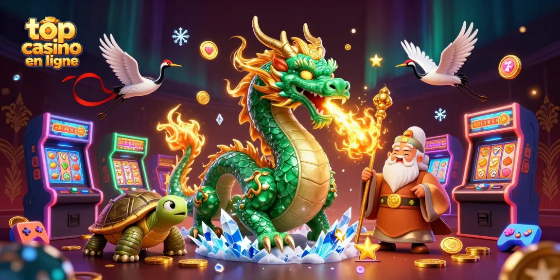 Plongez dans le top casino en ligne avec un dragon jade, une tortue sage et des grues porte-bonheur.