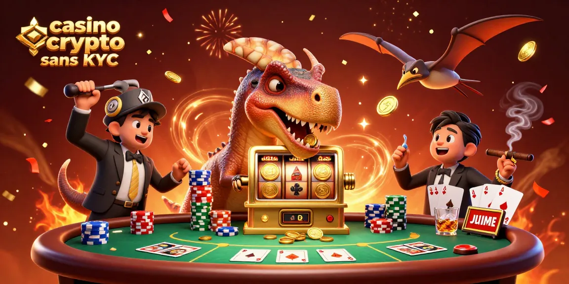 Machine à sous dorée et dinosaures en action dans un casino crypto sans KYC