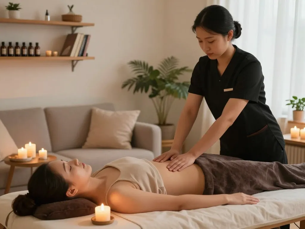 Aromatherapy massage scene featuring a professional therapist at https://www.maxim-anma.net, creating a calming home spa experience.