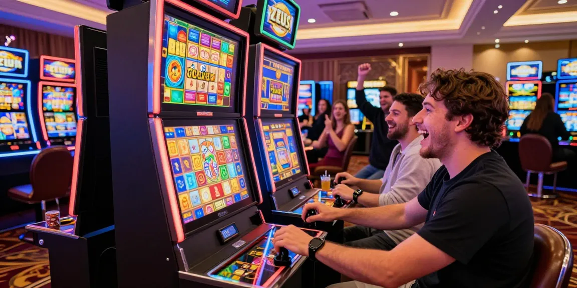Excited player engaging with a slot zeus machine in a vibrant casino.
