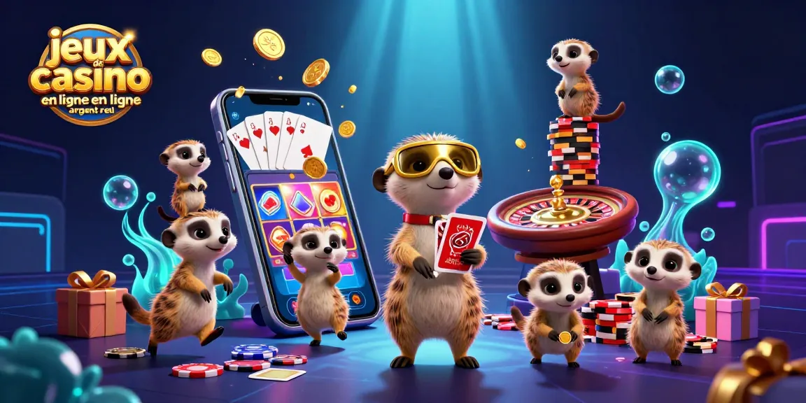 Jouez à des jeux de casino en ligne argent réel avec cette illustration dynamique mettant en scène des suricates dans un casino
