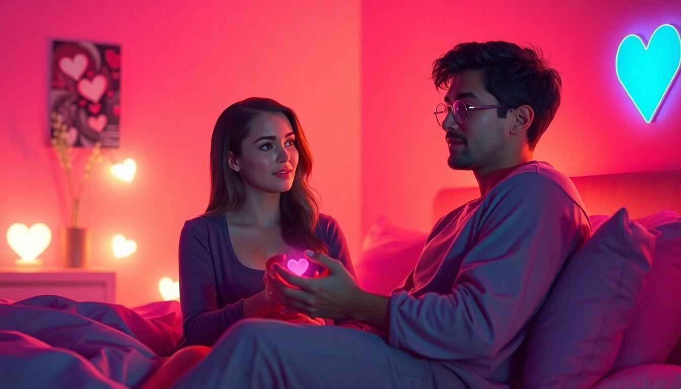 Engaging ai sex chat scene with a digital AI girlfriend in an intimate setting.