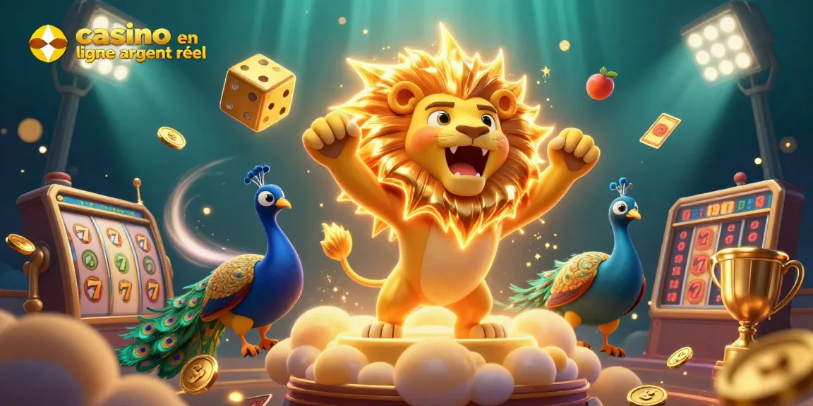 Plongez dans l'univers des jeux avec ce lion solaire et des éléments de casino en ligne argent réel.