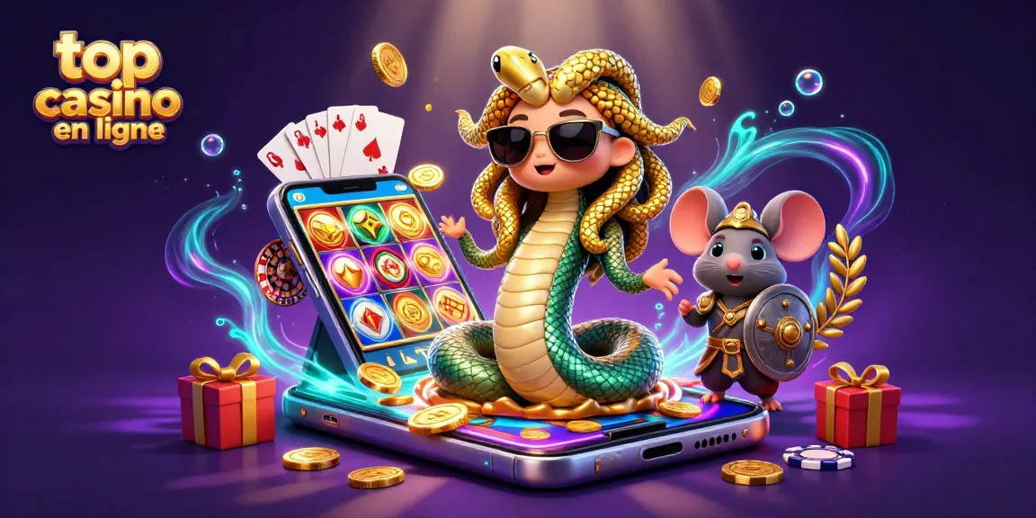 Découvrez le top casino en ligne avec une illustration captivante de Méduse et un souris guerrier au milieu d'éléments de jeu fascinants.
