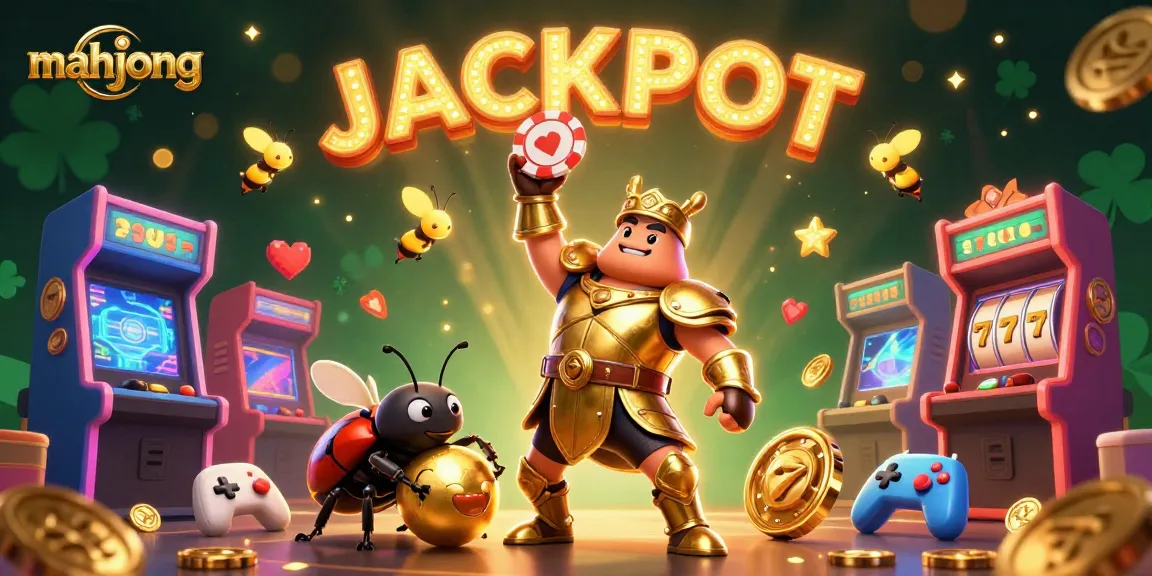 Catch a MAHJONG jackpot in this vibrant casino-themed 3D illustration with characters and slot elements.