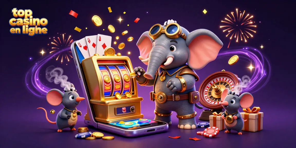 Gagner avec le top casino en ligne grâce à un éléphant steampunk aux commandes d'une machine à sous dorée.