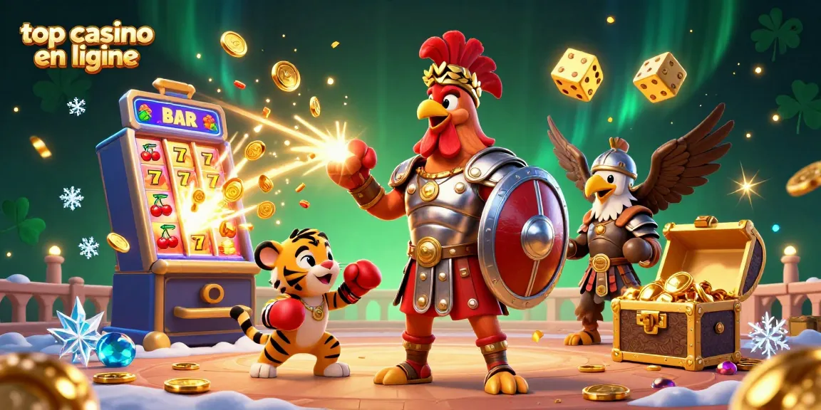 Découvrez le top casino en ligne, avec un coq gladiateur et un lionceau à l'arène. Jeux et jackpots en action.