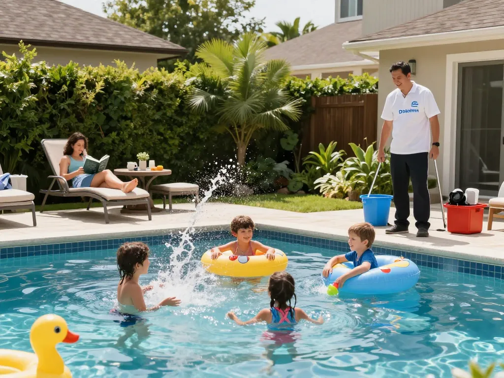 Dolphin Pool Services family enjoying a well-maintained backyard pool with professional service in action.