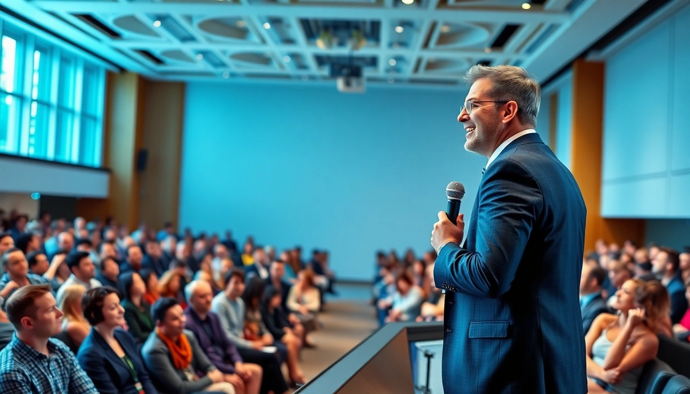 Keynote Speaker captivating an audience with engaging presentation in a bright conference hall.