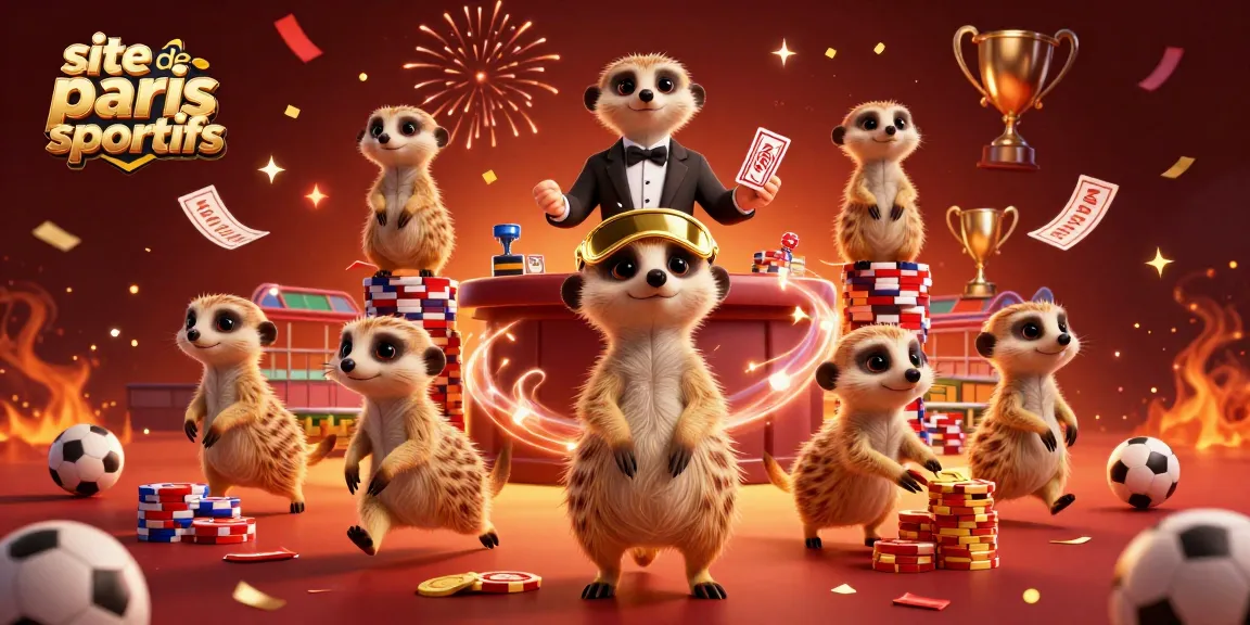 Des meerkats animés gèrent un site de paris sportifs avec des éléments de jeu entourants.