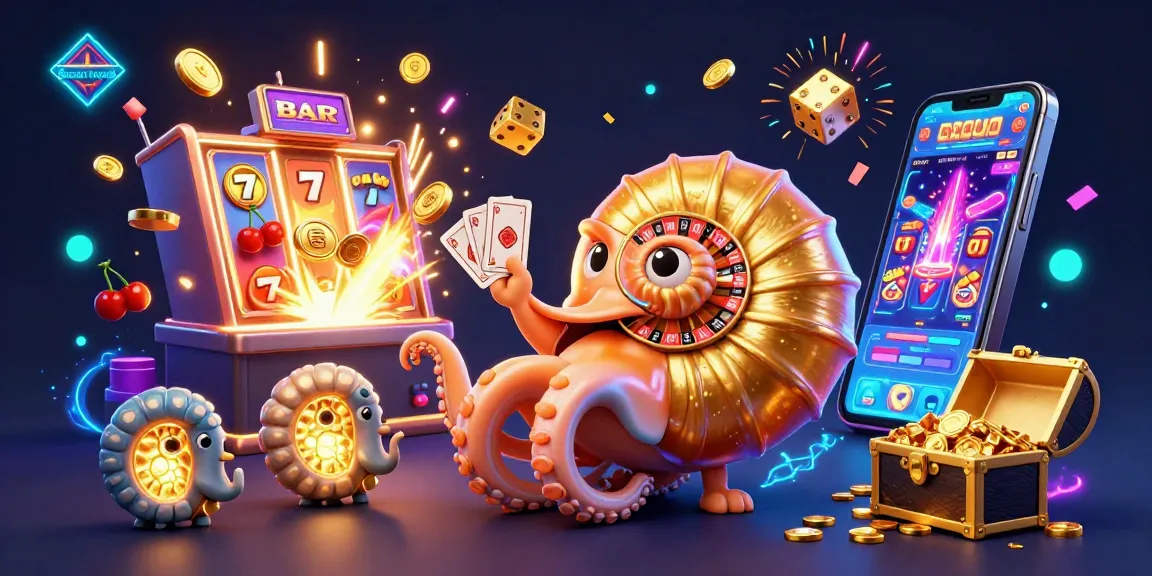 Engaging Baccarat formula scene with a giant nautilus holding cards amidst vibrant casino elements.