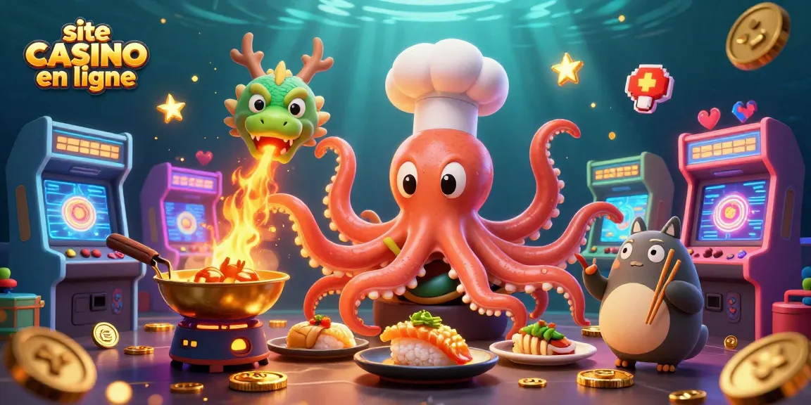 Préparez-vous à gagner sur le site casino en ligne avec une scène animée d'un chef sushi, un dragon et un client.