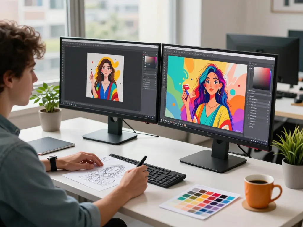 Artist generating image to prompt at a modern digital workspace with colorful artwork.