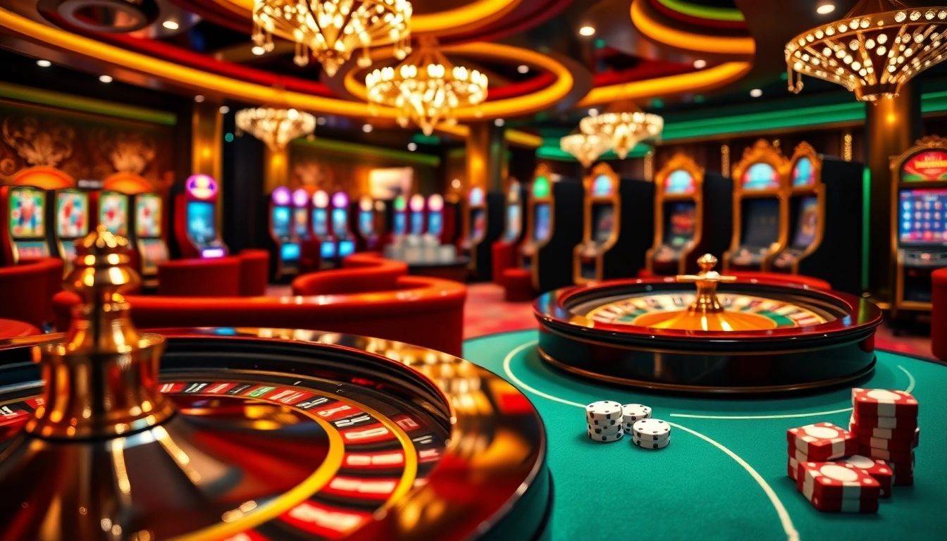 Découvrez l'excitation du casino en ligne Français avec un cadre de jeu en ligne luxueux mettant en avant des tables vibrantes et des roues de roulette.
