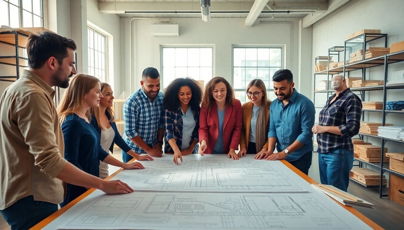 Team engaged in construction advocacy, collaborating over blueprints in a bright studio.